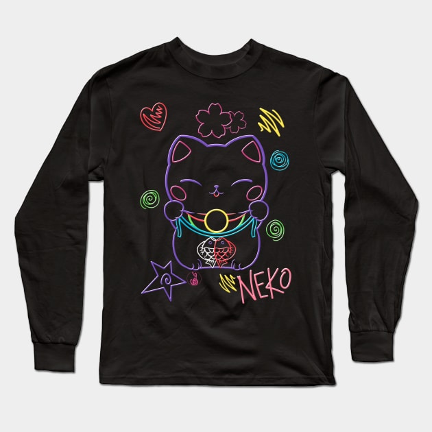 Neon Neko (1) - Cute neon light Japanese beckoning cats to bring you good luck Long Sleeve T-Shirt by SamInJapan